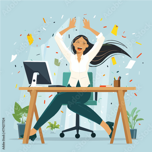 Woman in the office celebrating success on a computer desk, vector cartoon