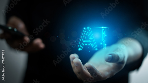 Businessman uses AI tools, smart robot technology artificial intelligence science and technology and future and global connectivity innovations to enable access to information and online networks.