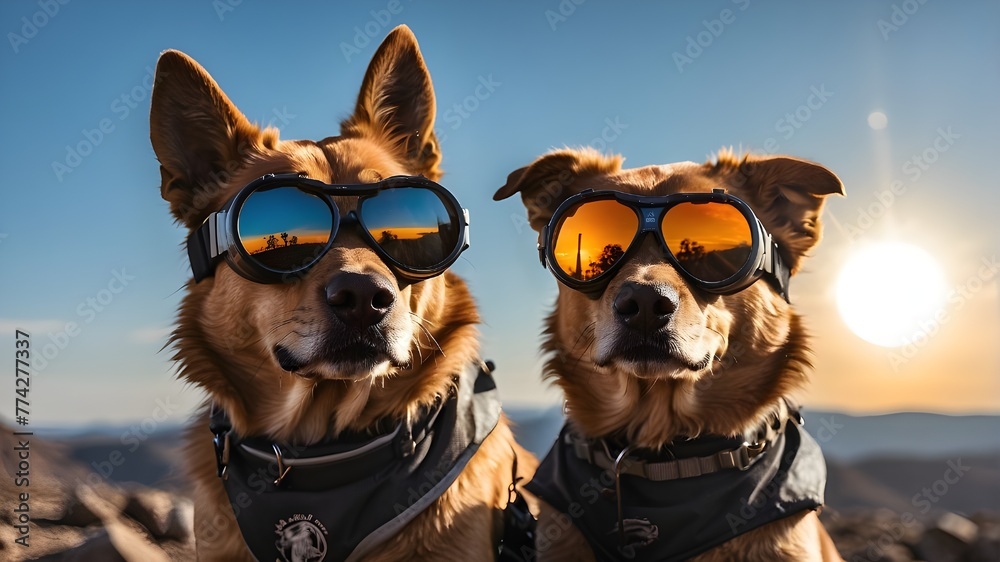 A dog wearing protective goggles seeing a total solar eclipse. The glasses' reflection of the entire solar eclipse - obrazy, fototapety, plakaty 