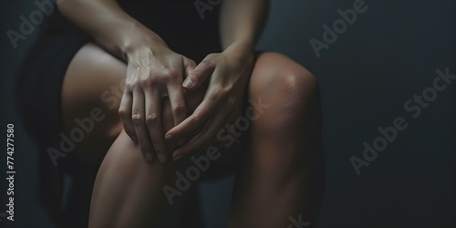 Woman in pain holding knee with dark background likely due to osteoarthritis or tendon issues . Concept Pain Management  Osteoarthritis  Knee Injuries  Physical Therapy  Dark Background Portrait