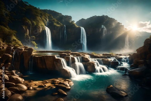 A surreal landscape featuring a magical hourglass with waterfalls flowing from it  with copyspace in the cascading water