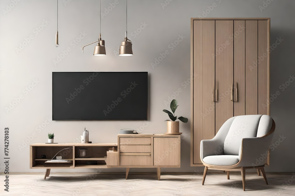 Mockup a cabinet TV wall mounted with armchair in minimal style on transparent background.3d rendering Mockup a cabinet TV wall mounted with armchair in minimal style on transparent background.3d rendering