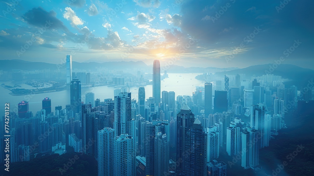 Fototapeta premium Urban Majesty: Skyscraper Amidst Majestic Mountains