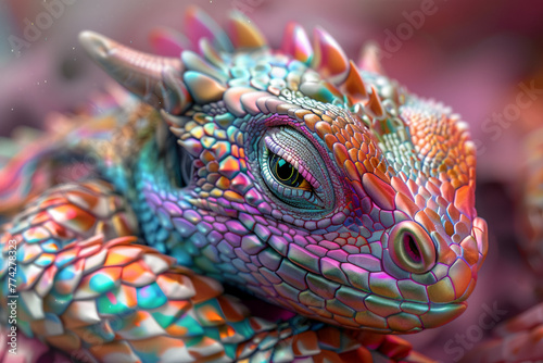 Imagine a baby dragon depicted as a kaleidoscope of colors  with each scale a different hue  creating a mesmerizing pattern