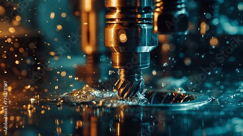 Using an industrial drilling machine, a metal drill bit creates holes in steel billet. Metal work industry. tool with multiple cuts and end mill. photo