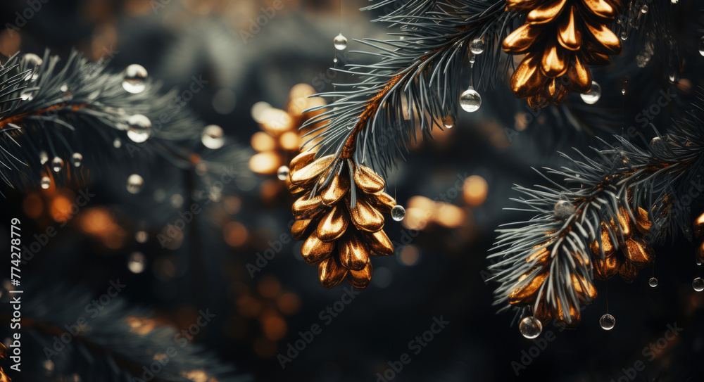 Fototapeta premium Drops of rain on the needles of the pine branch close up. Spring nature background.