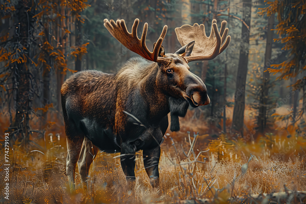 A large brown and black moose is standing in a field of grass