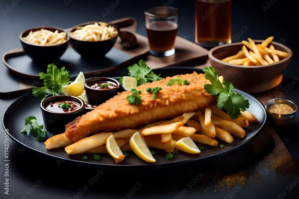 fish and chips with sauce, black plate, gourmet feeling fish and chips with sauce, black plate, gourmet feeling