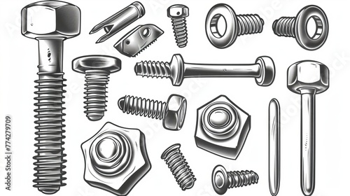 Bolts, nuts, and nails set. A collection of different iron screws. photo
