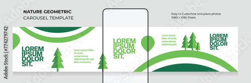 Nature geometric carousel template. Editable. Modern. Minimalist. Clean. Social media carousel for vegan, green, organic. EPS vector illustration.