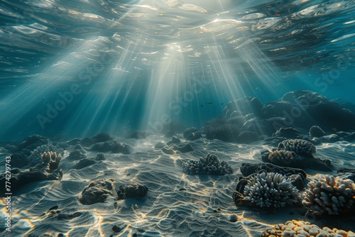 Underwater seascape with sunbeams and corals © gearstd