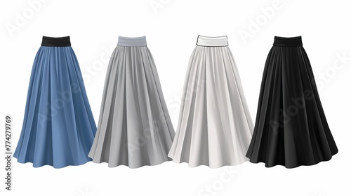 A group of women's skirts set apart against a white backdrop. a flat style. template for a mockup. long dresses. Sign, Realistic vector illustration. Black, gray, blue and white.