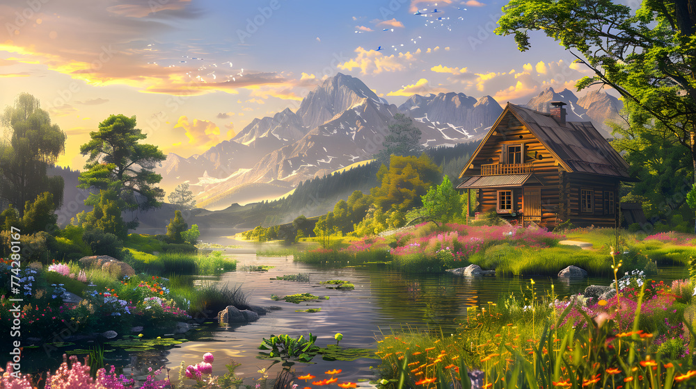 Fototapeta premium Tranquil Rural Paradise: An Idyllic Summer Landscape of an Antiquated Wooden House by a River, Flourishing Flowers and Trees, and Majestic Mountains in the Distance - Oil Painting Illustration