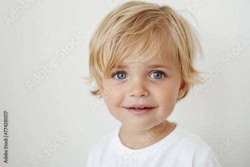 Blond Toddler with Blue Eyes and Innocent Smile. Generative AI.