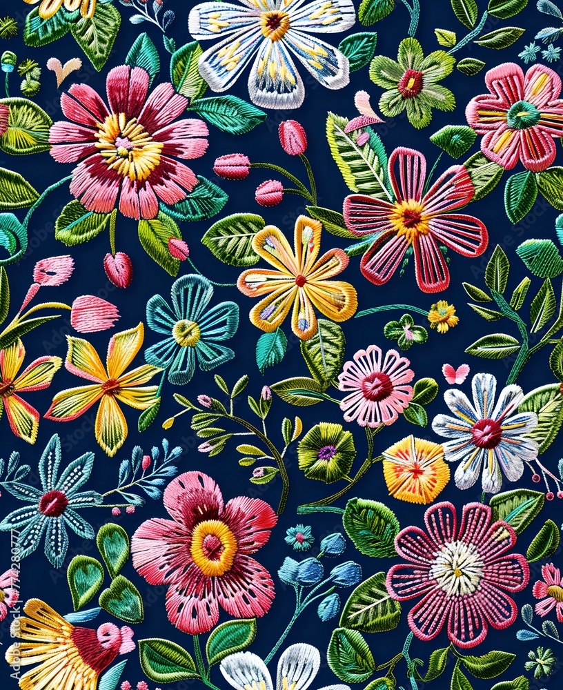 3d embroidered seamless pattern, spring flowers