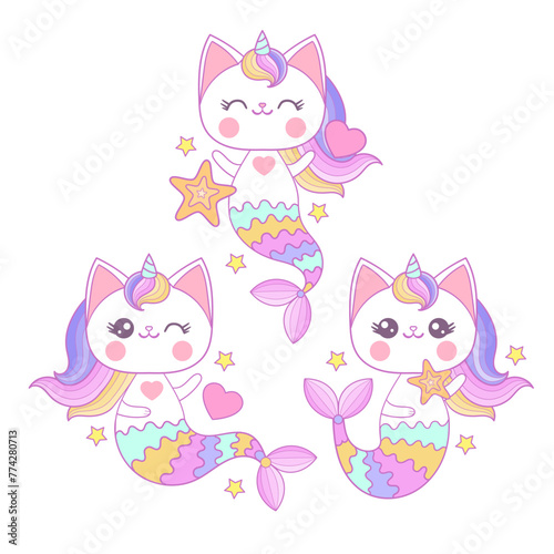 Set of cute kawaii, cartoon, kitty mermaids under the sea. Fantastic animal. For children's design of prints, posters, cards, stickers, etc. Vector illustration