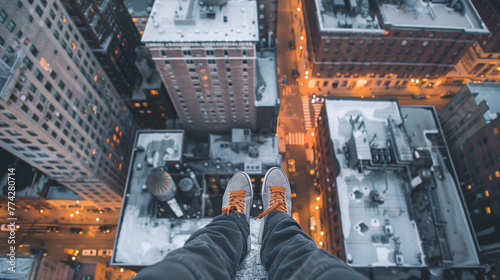 Seen from a first-person perspective, a daring urban explorer's feet dangle over the edge of a skyscraper, showcasing the city's vertiginous depths.
 photo