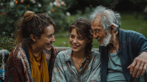 An elderly man enjoys a heartfelt moment with his two granddaughters, their faces lit up with smiles and shared affection. 