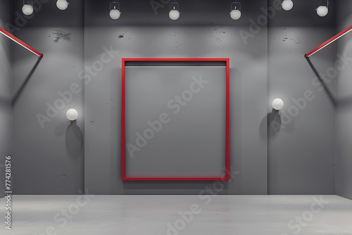 A minimalist exhibition hall with dove gray walls and a single, bold, red frame mockup. The frame is dramatically lit by 