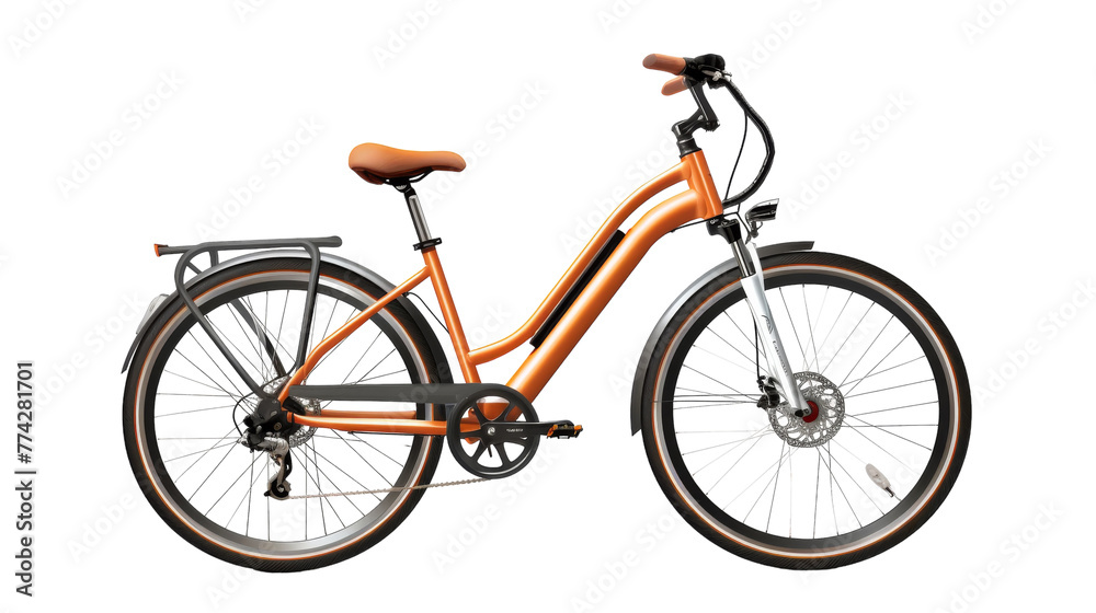 An orange bicycle stands out against a white background
