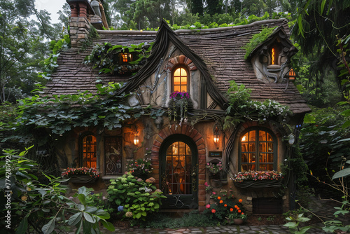Produce a whimsical cottage nestled in a magical forest, its charming exterior adorned with swirling vines, sparkling fairy lights, and colorful blooms 