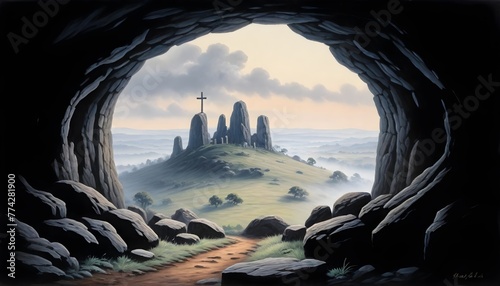 Three crosses on a hill with a path leading down to a misty valley with peoples during sunset with rains , View from inside a cave looking out at three crosses on a hill in the distance with a misty.