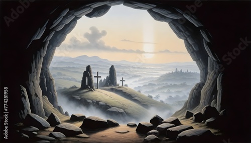 Three crosses on a hill with a path leading down to a misty valley with peoples during  sunset with rains , View from inside a cave looking out at three crosses on a hill in the distance with a misty. photo