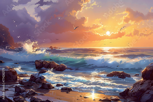 Sunset on a rocky beach with waves crashing in