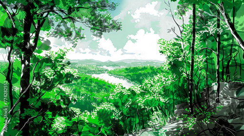 Forest. Carbon sink. Stylized illustration of a forest. Copy Space. Background