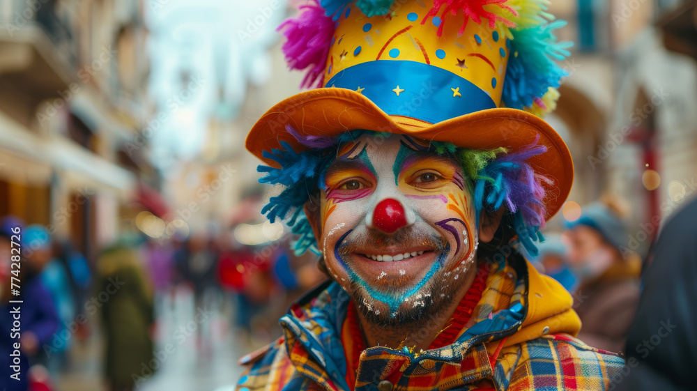 A smiling male clown on a street. - obrazy, fototapety, plakaty 