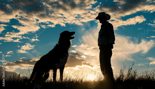 Silhouetted Cowboy and Dog Enjoying Sunset in Rural Field