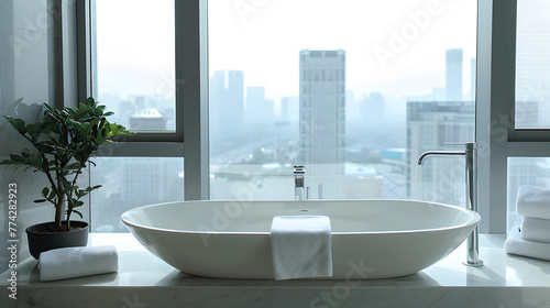 Stylish and Sleek: A Contemporary Hotel Bathroom Featuring a Minimalist Sink, Relaxing Tub, and Breathtaking Panoramic Window © Tharshan