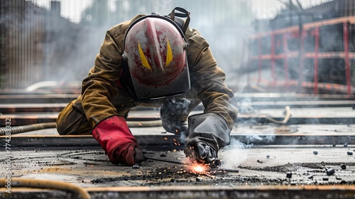 While starting hot work gouging metal plate on the ground surface construction, a skilled construction welder is wearing a safety helmet, red leather gloves, and a dark face shield.