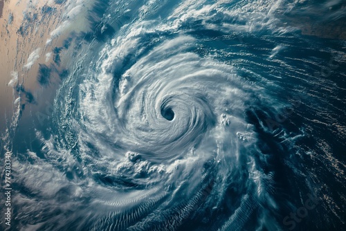 Aerial perspective of a powerful cyclone swirling over blue ocean waters, showcasing nature's dynamic patterns