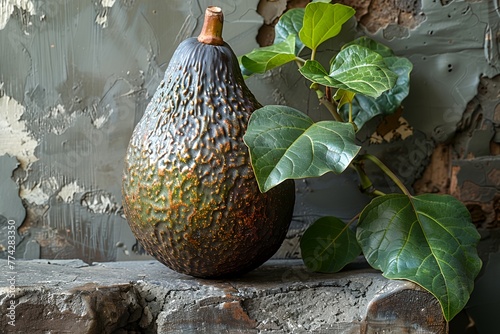 A large avocado sits on a ledge next to a leafy green plant