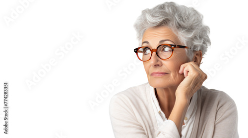 An older woman in glasses and a white shirt exudes wisdom and intelligence