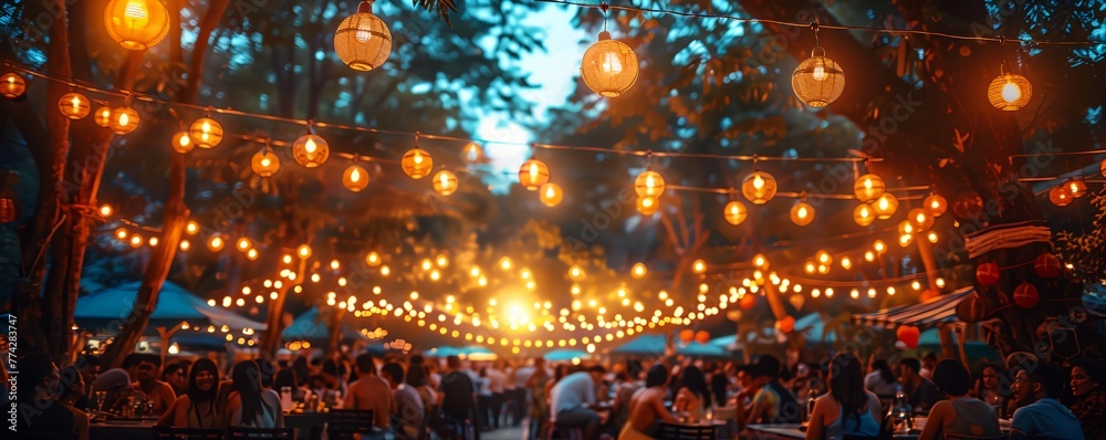 Obraz premium A large group of people are gathered around tables with lights hanging overhead