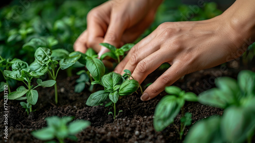 Hands planting basil seedlings in soil