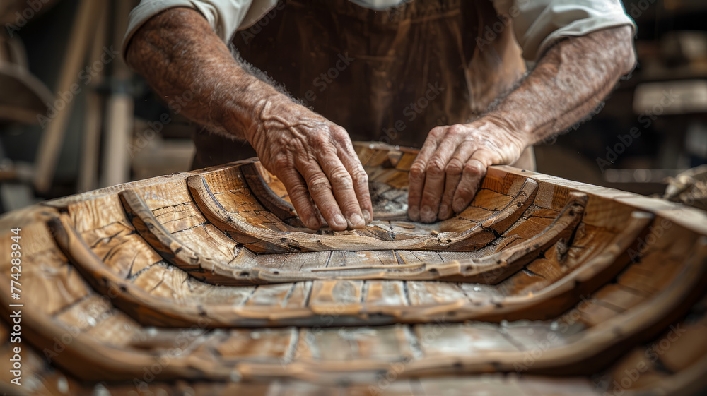 Man working on wooden object in workshop. Man working on wooden object in workshop.