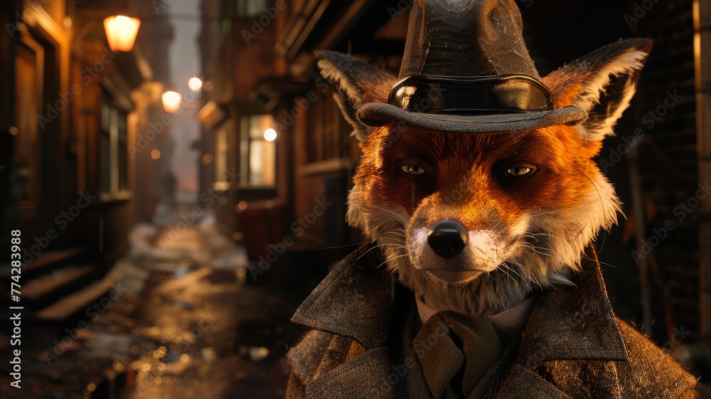 Illustration of a fox dressed as a detective. - obrazy, fototapety, plakaty 