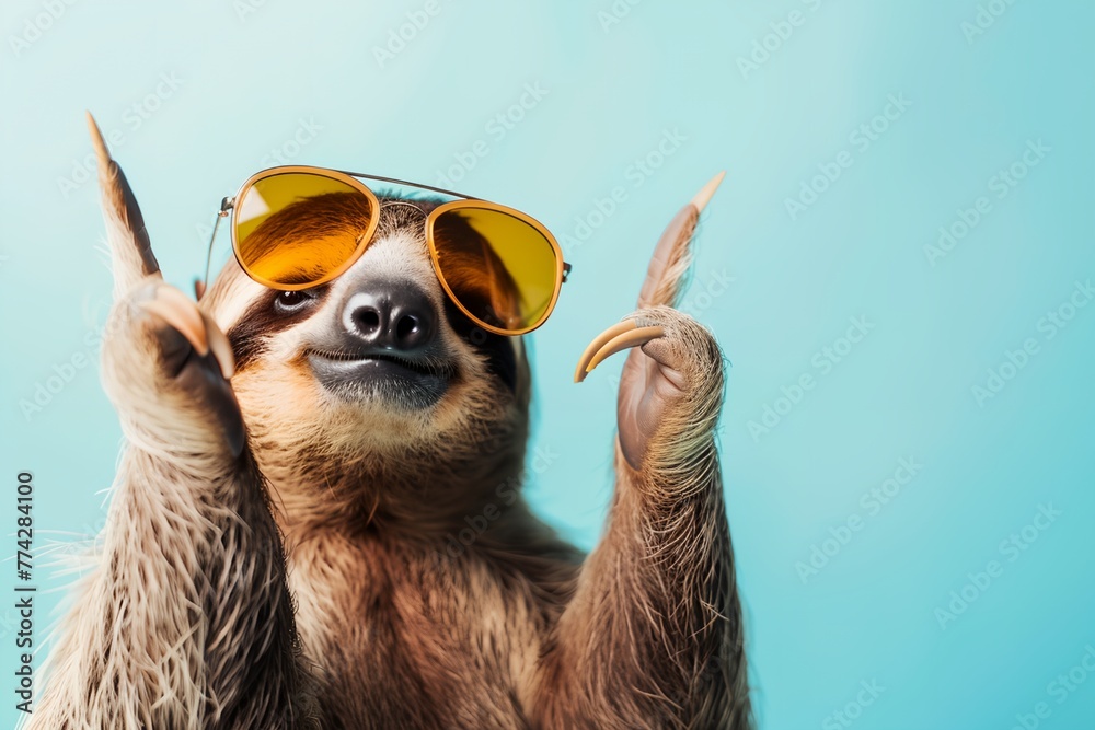 Fototapeta premium A sloth wearing sunglasses and holding up its right arm