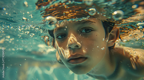 Retrato subacuático de un niño nadando en la piscina