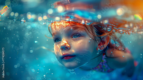 Imagen subacuática de preciosa niña pelirroja sumergida aprendiendo a nadar photo