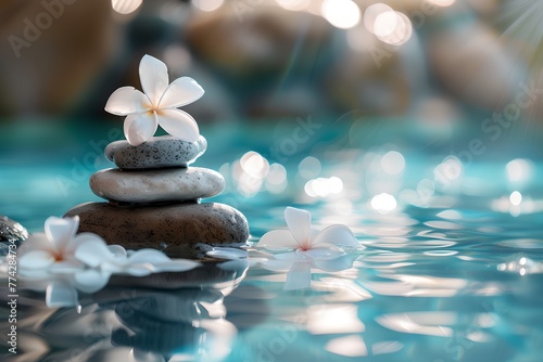 A white flower is on top of a stack of rocks in a body of water