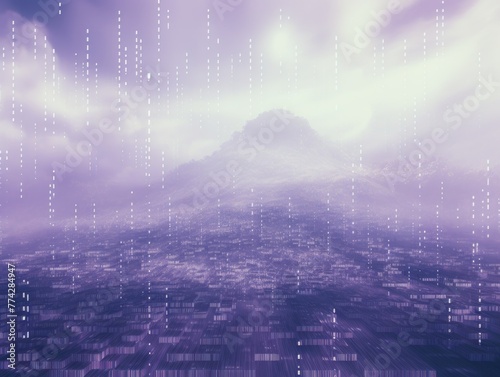 Lavender animation of glitched looping binary codes over fog-covered background pattern banner with copy space 