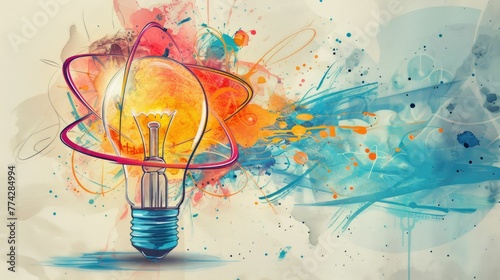 Nuclear innovation represented by a lightbulb doodle filled with atomic swirls,