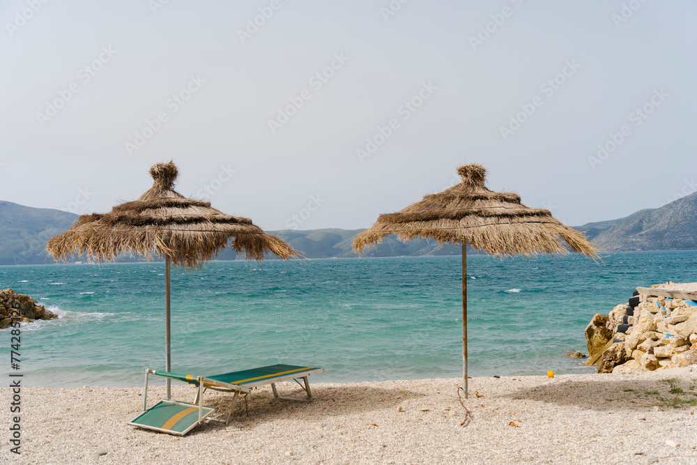 Fototapeta premium Albania, Radhime Vlore beach, emerald color clear sea water