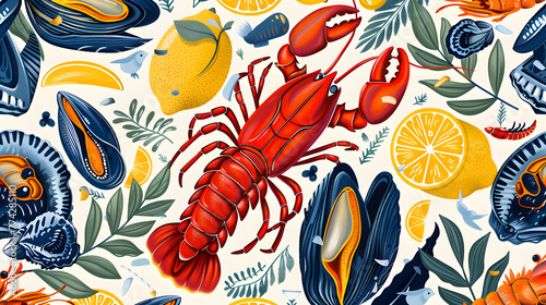 Mediterranean Bliss: A Bountiful Summer Vacation Seamless Pattern Featuring Fresh Seafood Delicacies and Vibrant Colors