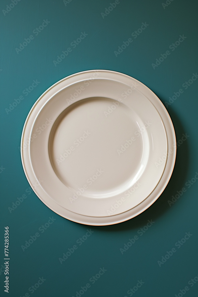 top view of empty ceramic plate on blue background top view of empty ceramic plate on blue background
