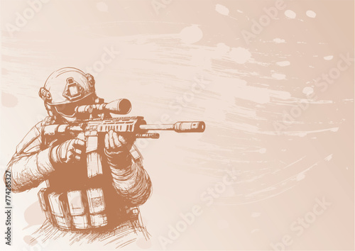 Modern soldier with a scoped rifle background vector illustration sketch for document